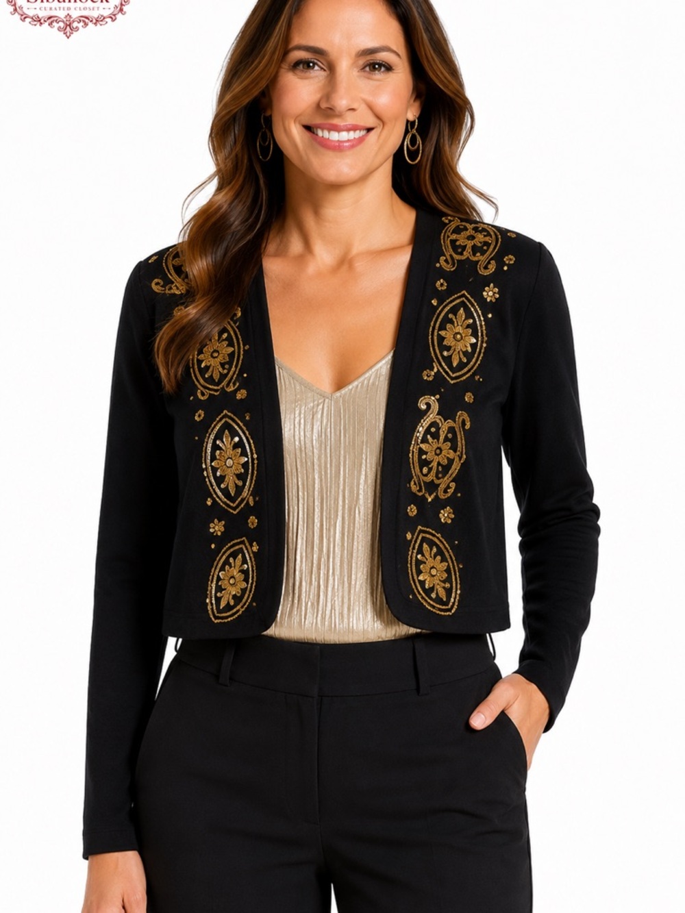B6 Chico’s Sz 3 (XL) Black Silk Blend Bolero Cardigan Gold Sequin & Embroidered